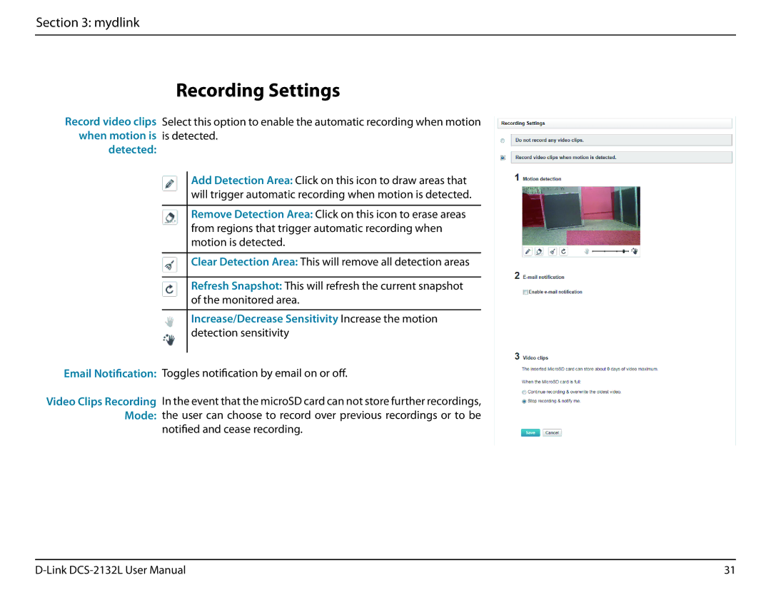 D-Link hd wireless n cube network camera user manual Recording Settings, Detected 