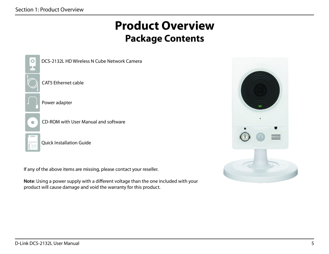 D-Link hd wireless n cube network camera user manual Product Overview, Package Contents 