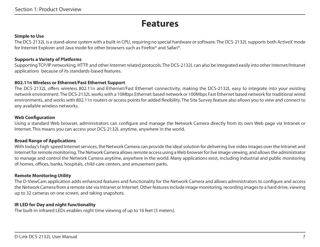 D-Link hd wireless n cube network camera user manual Features 