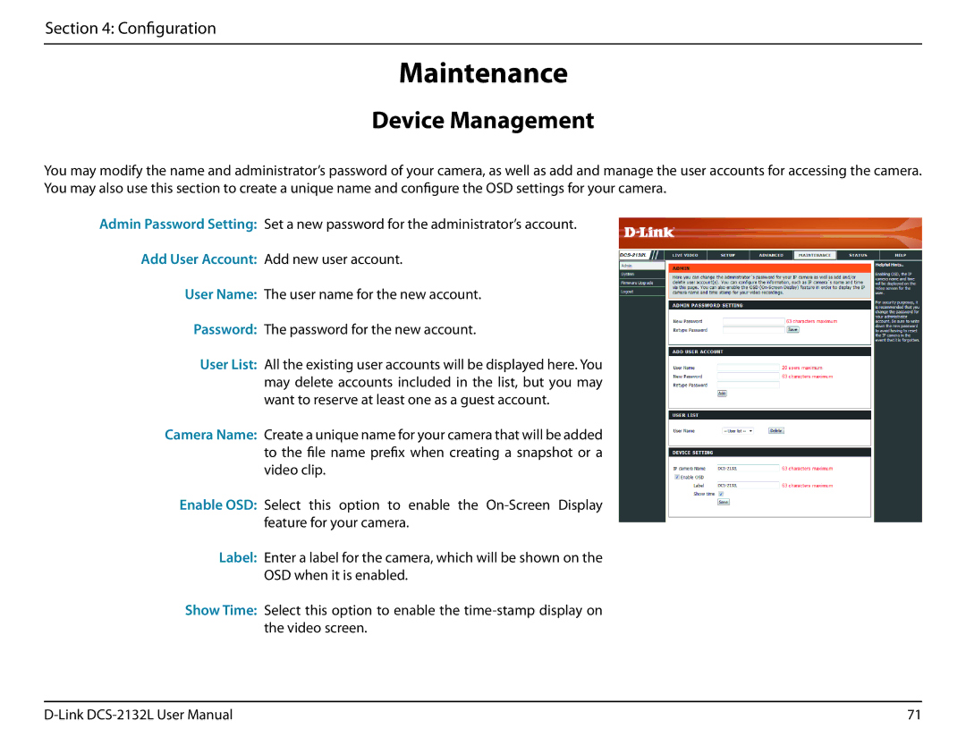 D-Link hd wireless n cube network camera user manual Maintenance, Device Management 