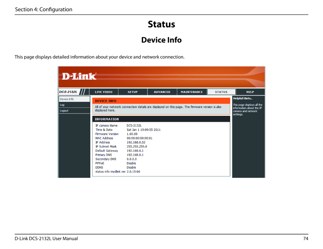 D-Link hd wireless n cube network camera user manual Status, Device Info 