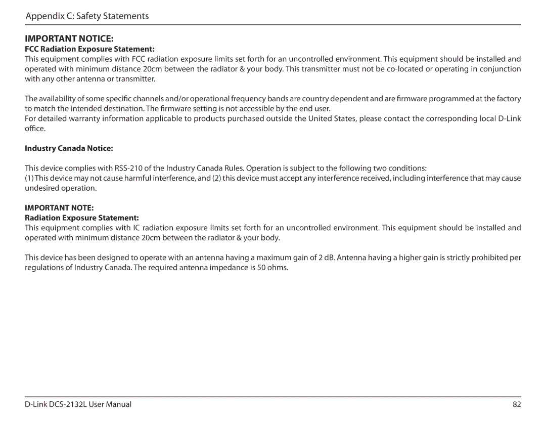 D-Link hd wireless n cube network camera user manual FCC Radiation Exposure Statement, Industry Canada Notice 