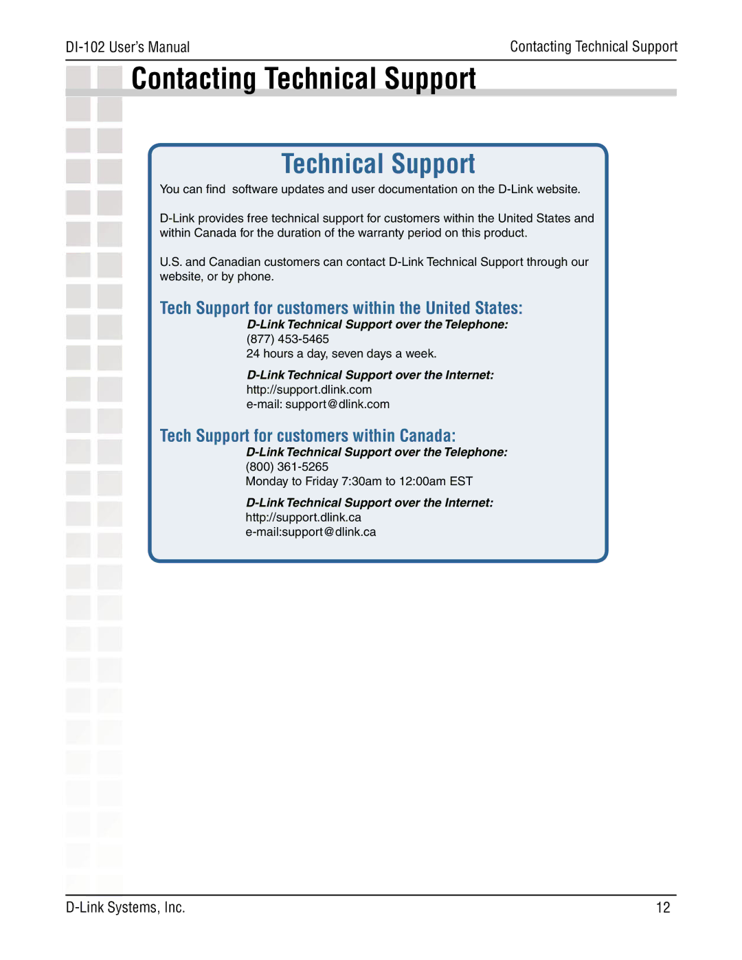 D-Link DI-102, Internet/VoIP Accelerator manual Contacting Technical Support 