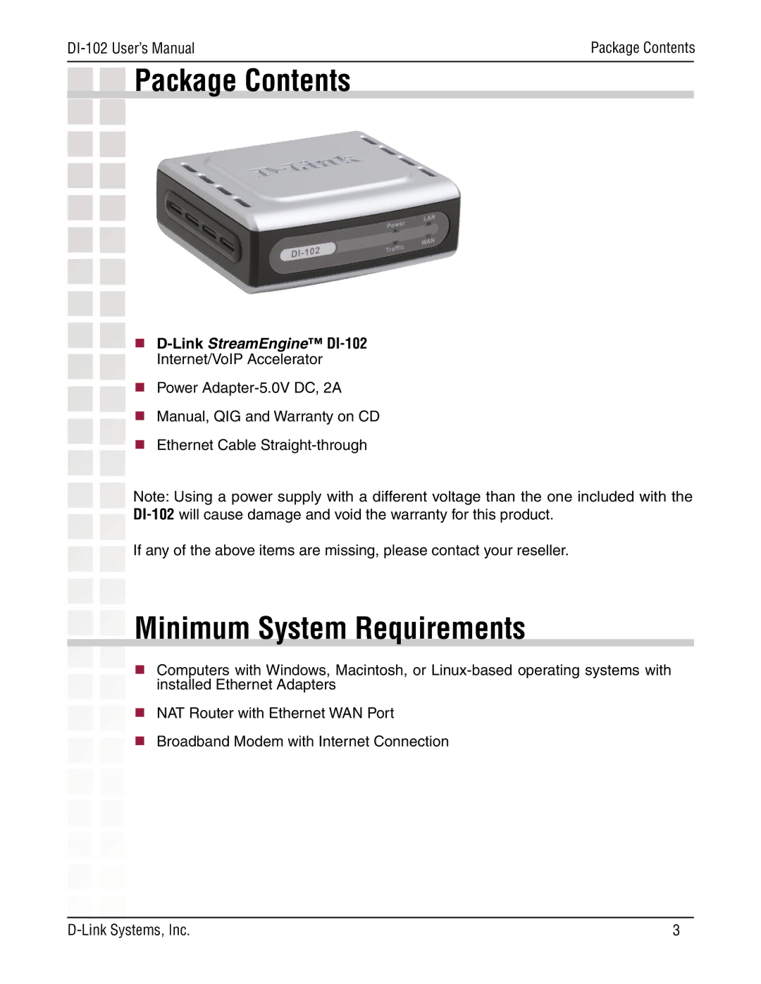 D-Link Internet/VoIP Accelerator, DI-102 manual Package Contents, Minimum System Requirements 