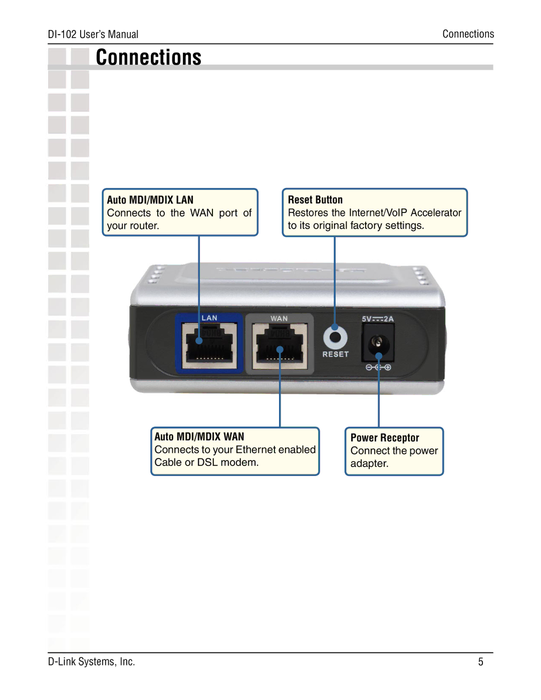 D-Link Internet/VoIP Accelerator, DI-102 manual Connections, Auto MDI/MDIX LAN Reset Button 