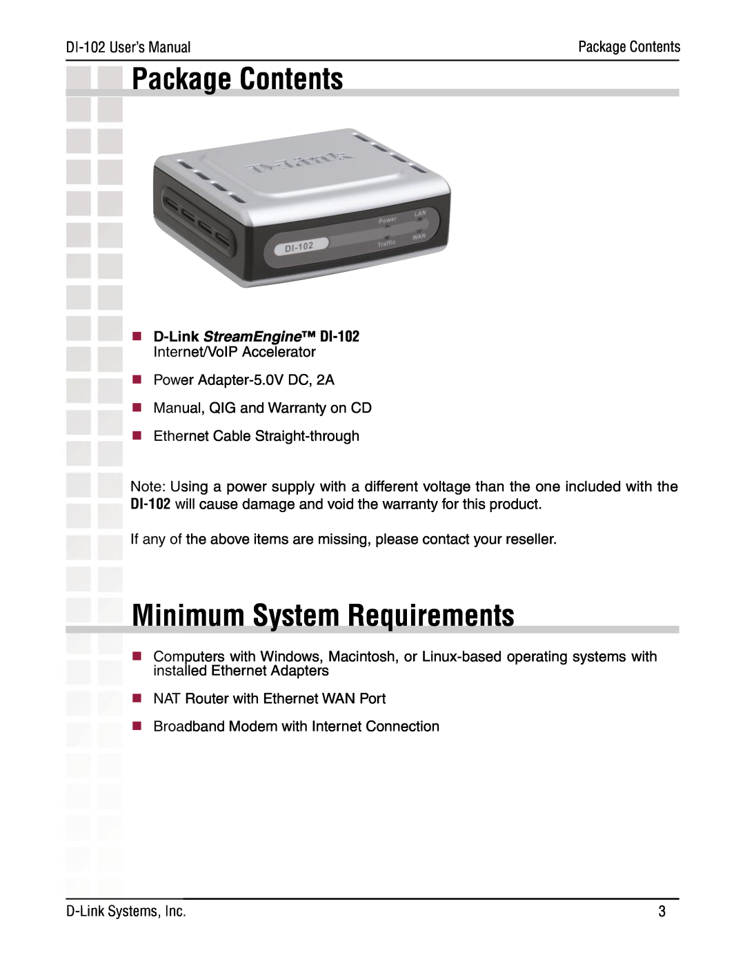 D-Link Internet/VoIP Accelerator, DI-102 manual Package Contents, Minimum System Requirements 