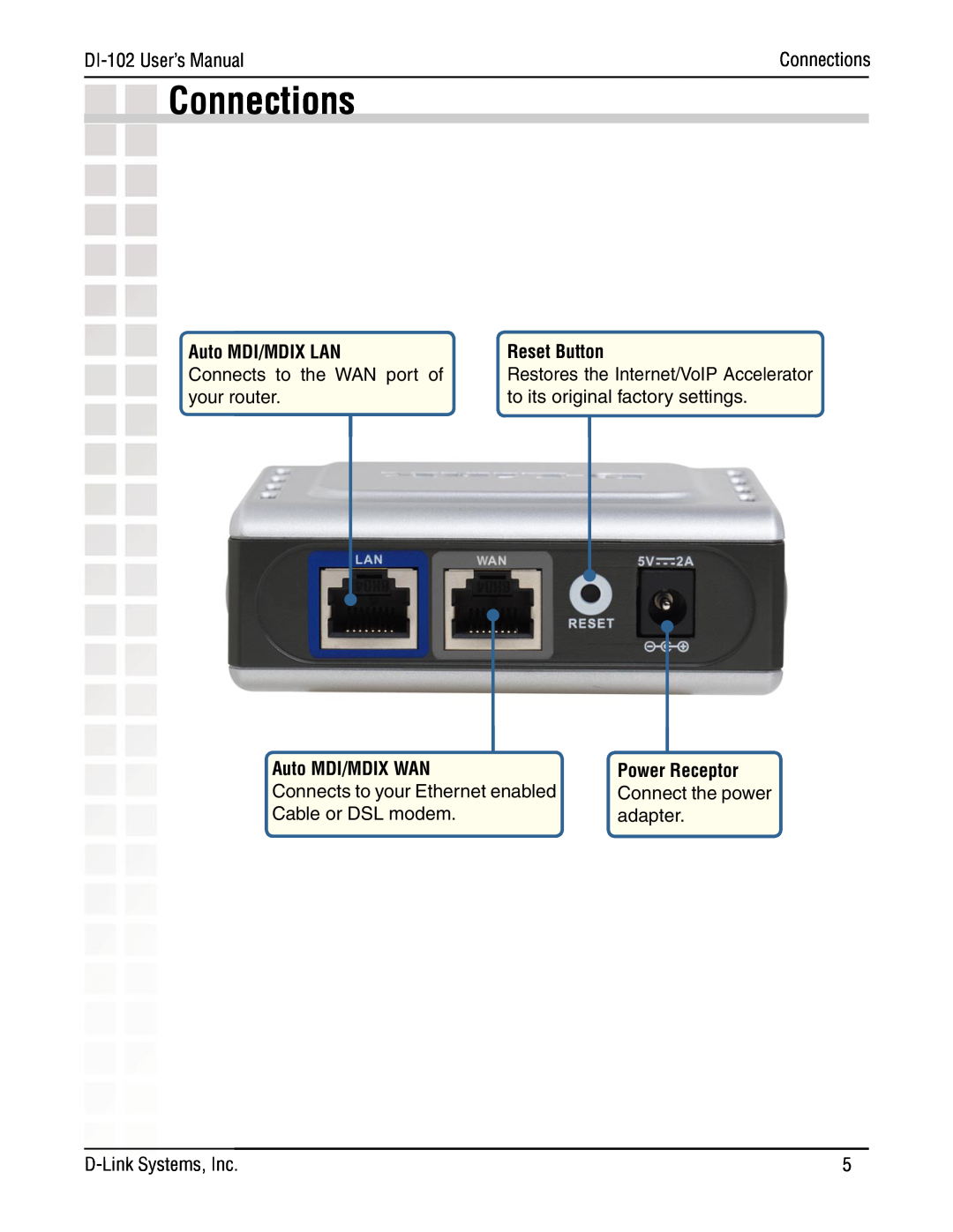 D-Link Internet/VoIP Accelerator, DI-102 manual Connections, Auto MDI/MDIX LAN, Reset Button, Auto MDI/MDIX WAN 