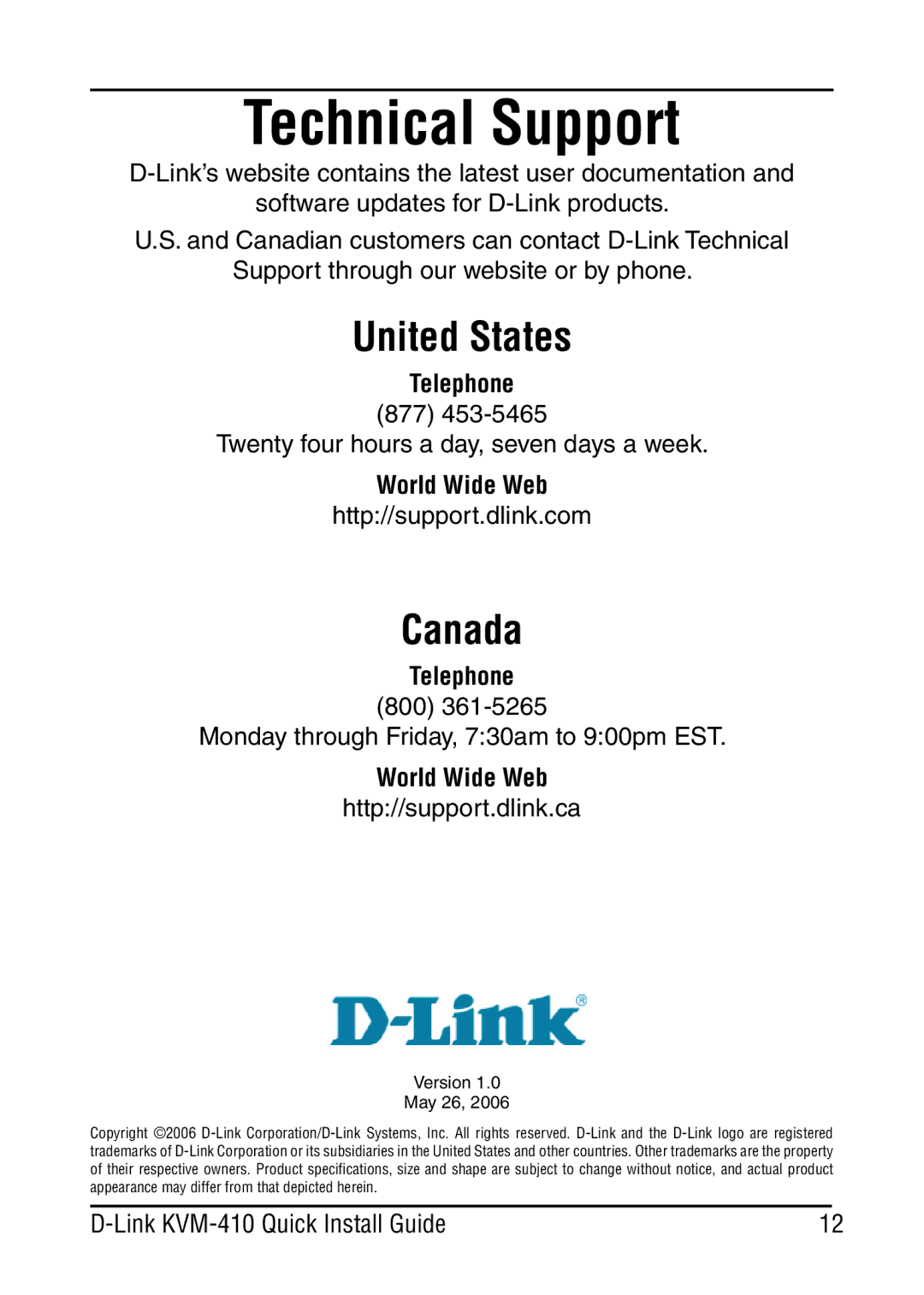 D-Link KVM-410 manual Technical Support, United States 