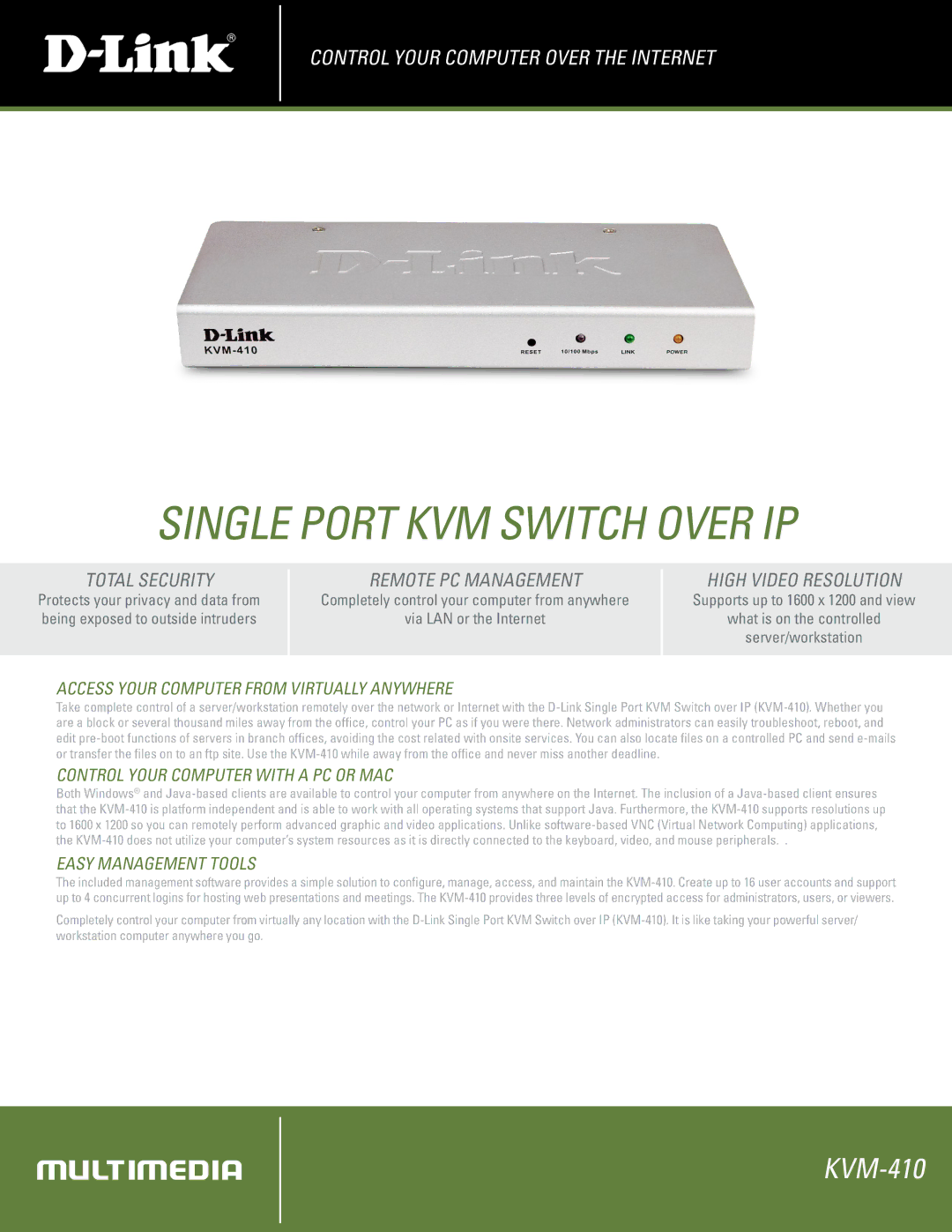 D-Link KVM-410 manual Access Your Computer from Virtually Anywhere, Control Your Computer with a PC or MAC 