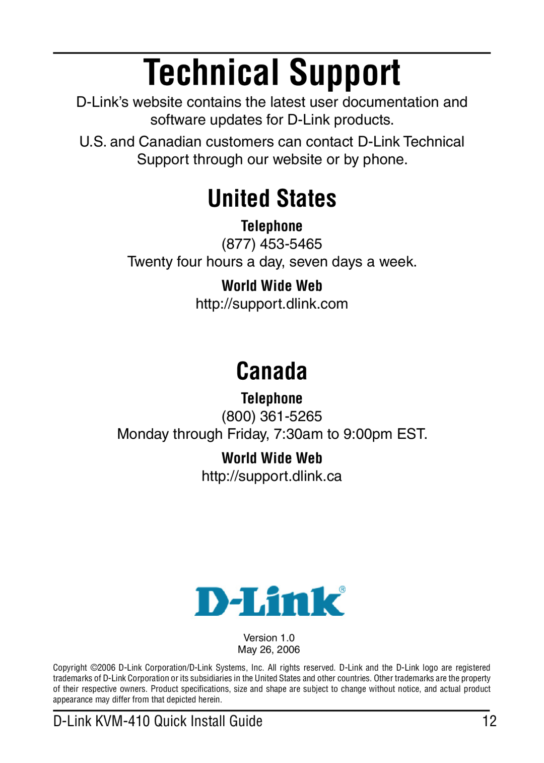 D-Link KVM-410 manual Technical Support, Telephone, World Wide Web, United States, Canada 