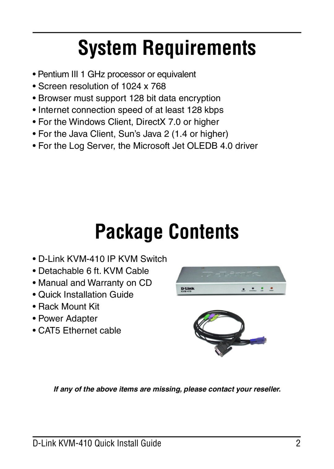 D-Link KVM-410 manual System Requirements, Package Contents 