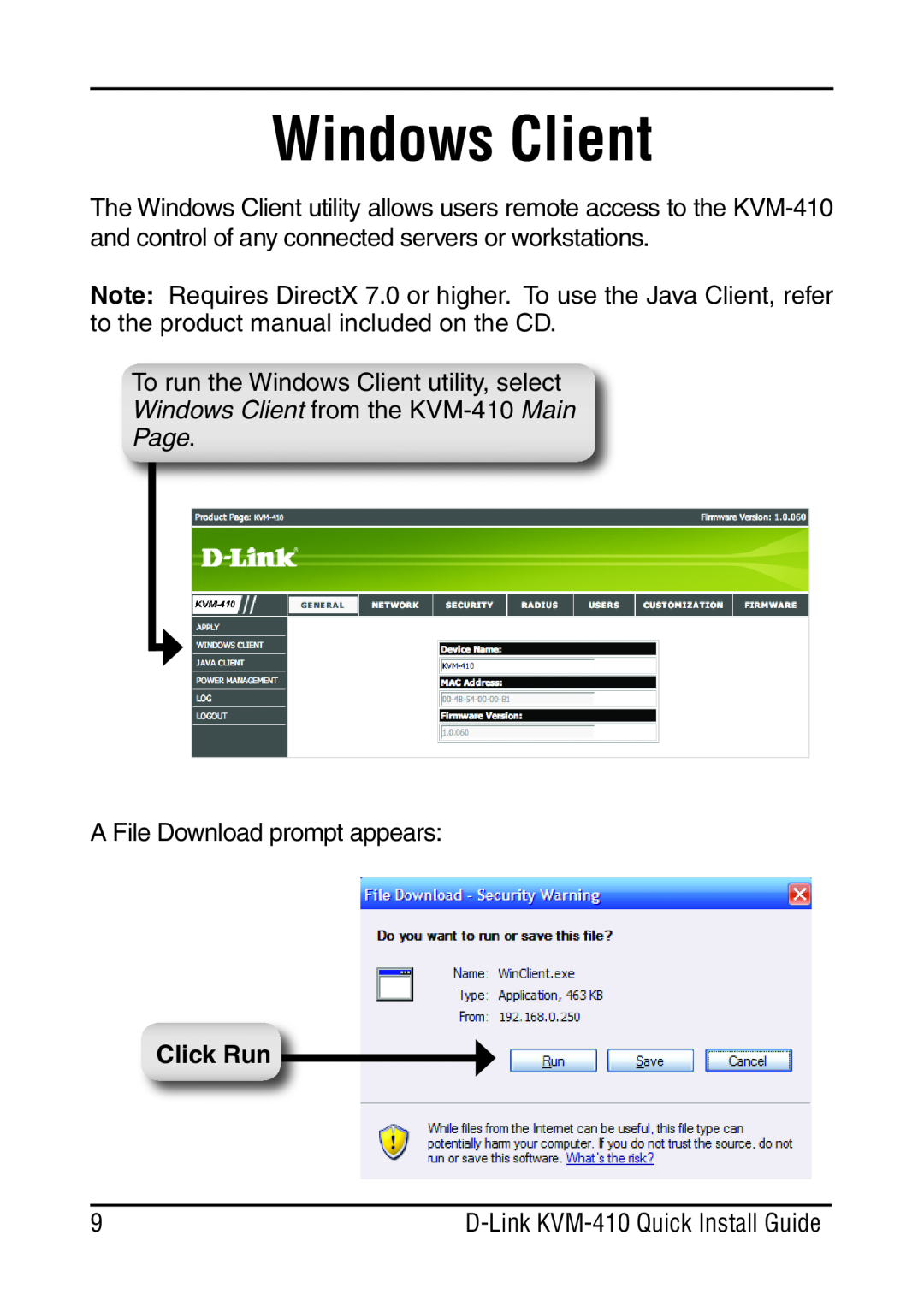D-Link manual Click Run, Windows Client from the KVM-410 Main Page, D-Link KVM-410 Quick Install Guide 