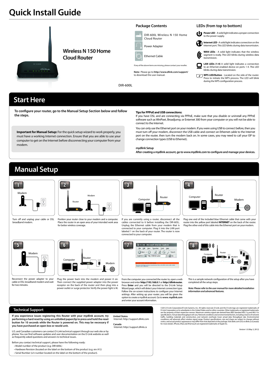 D-Link N 150 user manual Start Here, Manual Setup, Package Contents, LEDs from top to bottom 