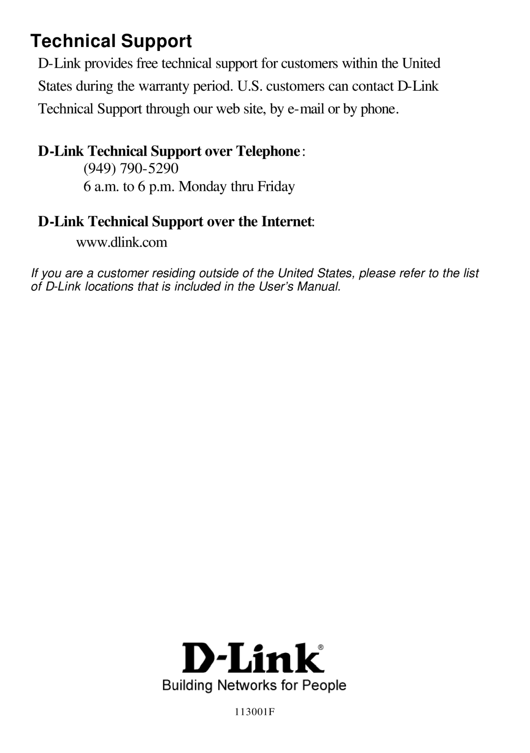 D-Link office firewall manual Link Technical Support over Telephone 949, Link Technical Support over the Internet 