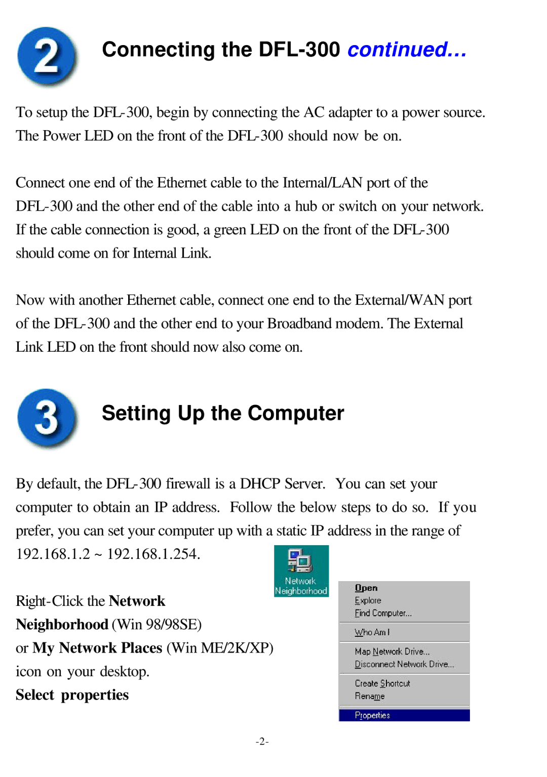 D-Link office firewall manual Connecting the DFL-300 …, Setting Up the Computer, Select properties 