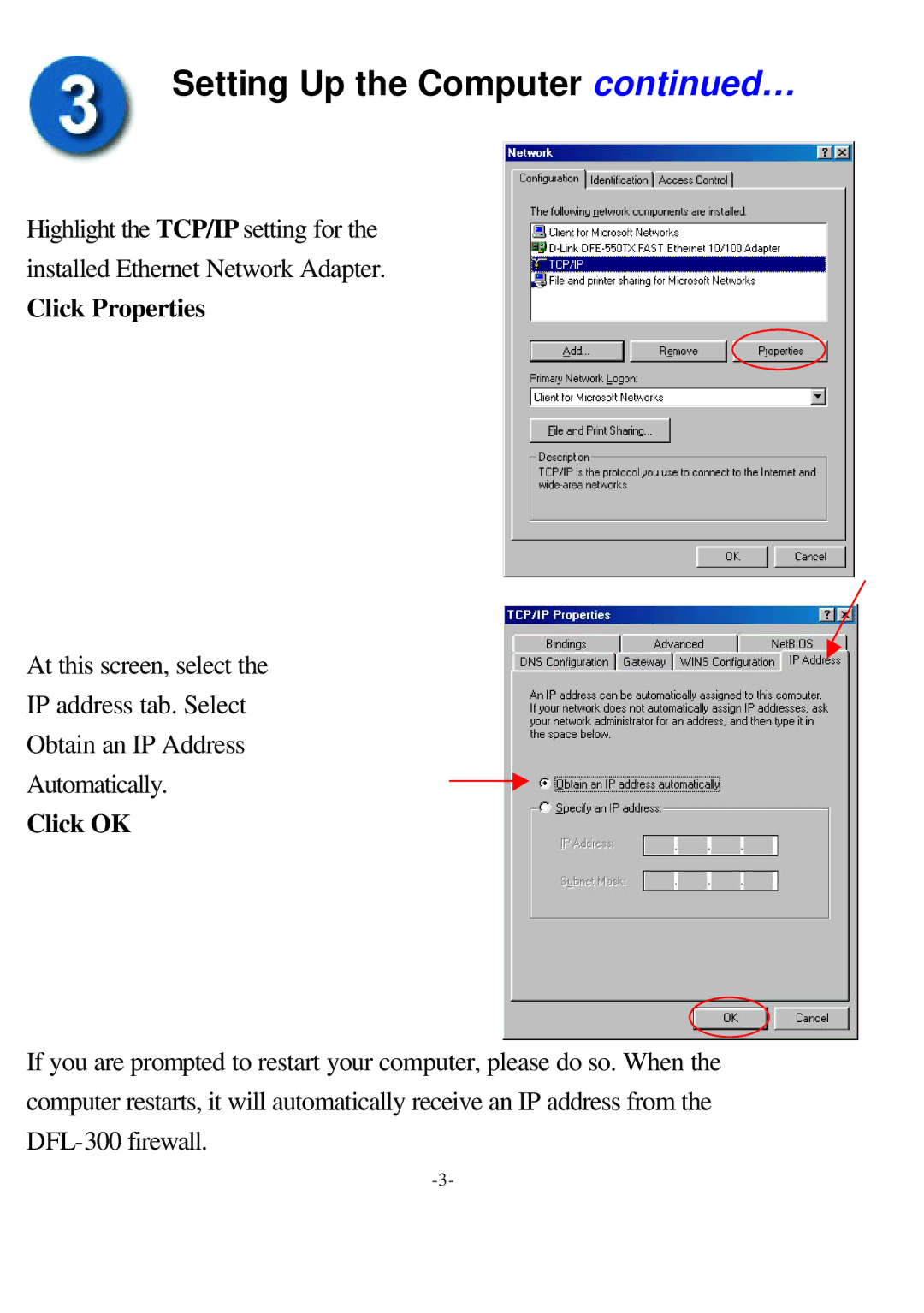 D-Link office firewall manual Setting Up the Computer …, Click Properties, Click OK 