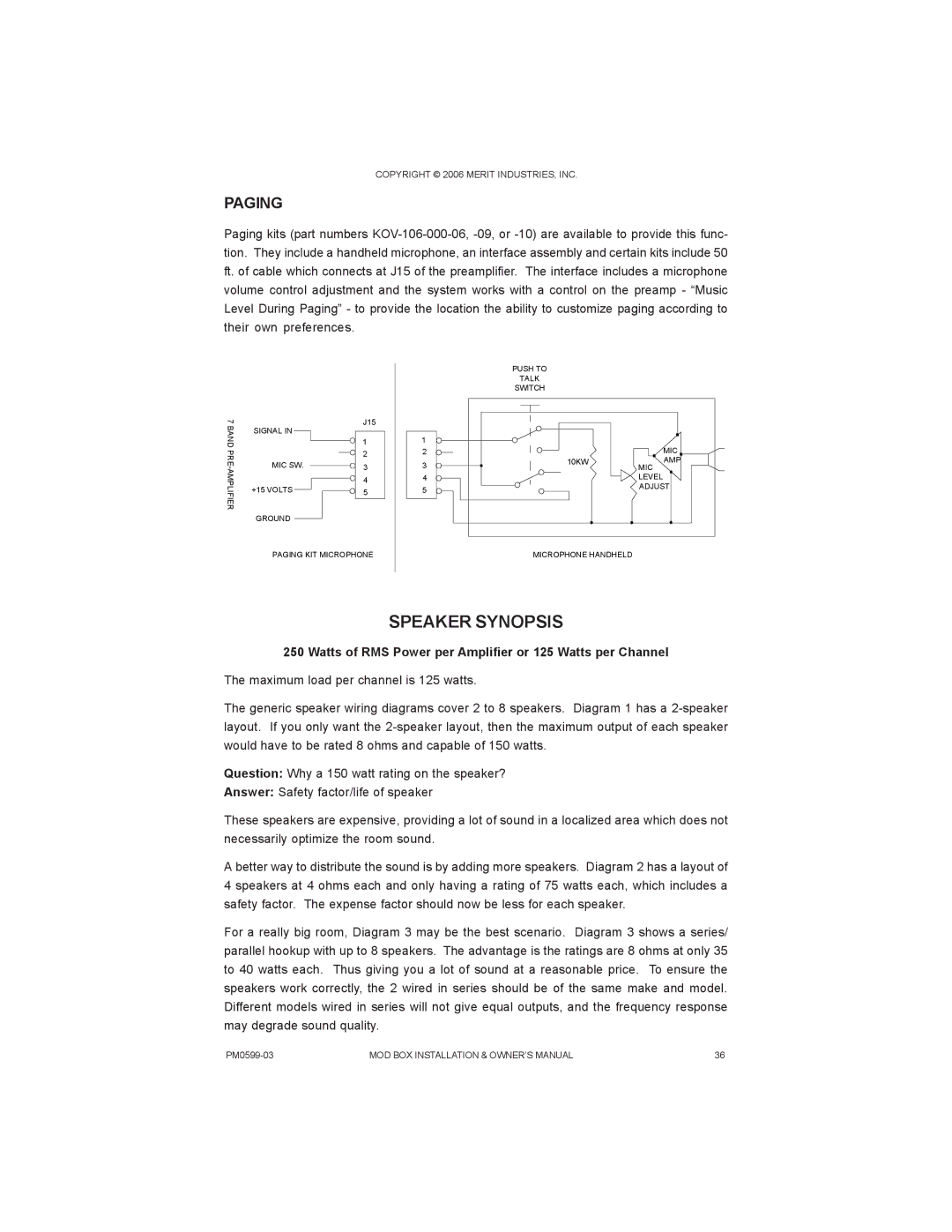 D-Link PM0599-03 owner manual Speaker Synopsis, Paging, Watts of RMS Power per Amplifier or 125 Watts per Channel 