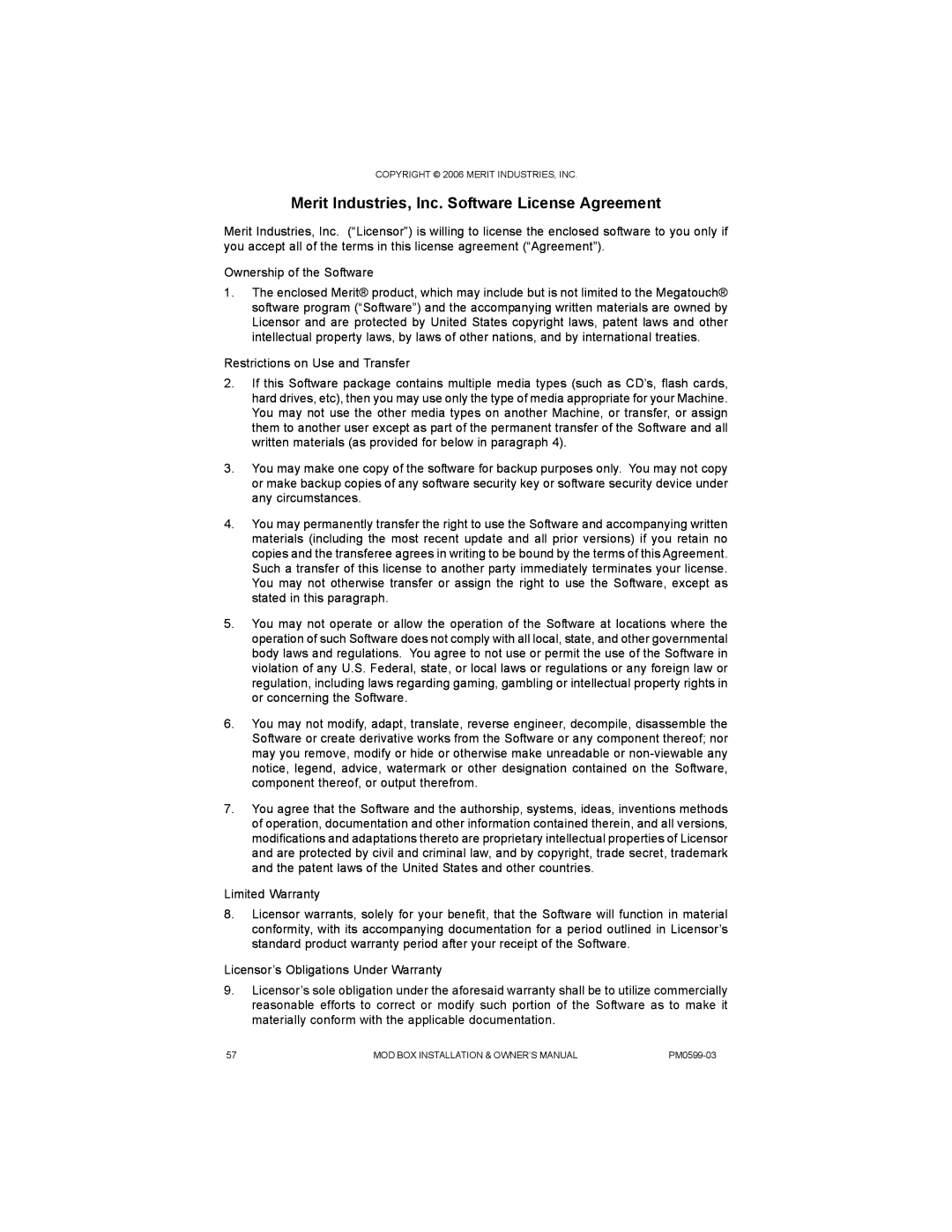 D-Link PM0599-03 owner manual Merit Industries, Inc. Software License Agreement 