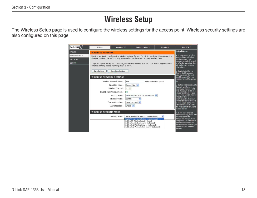 D-Link DAP-1353, RangeBooster N 650 Access Point manual Wireless Setup 