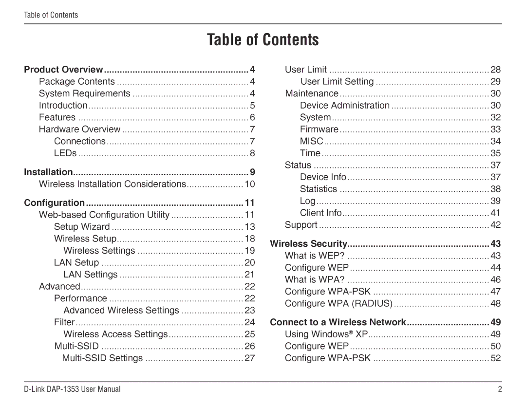 D-Link DAP-1353, RangeBooster N 650 Access Point manual Table of Contents 