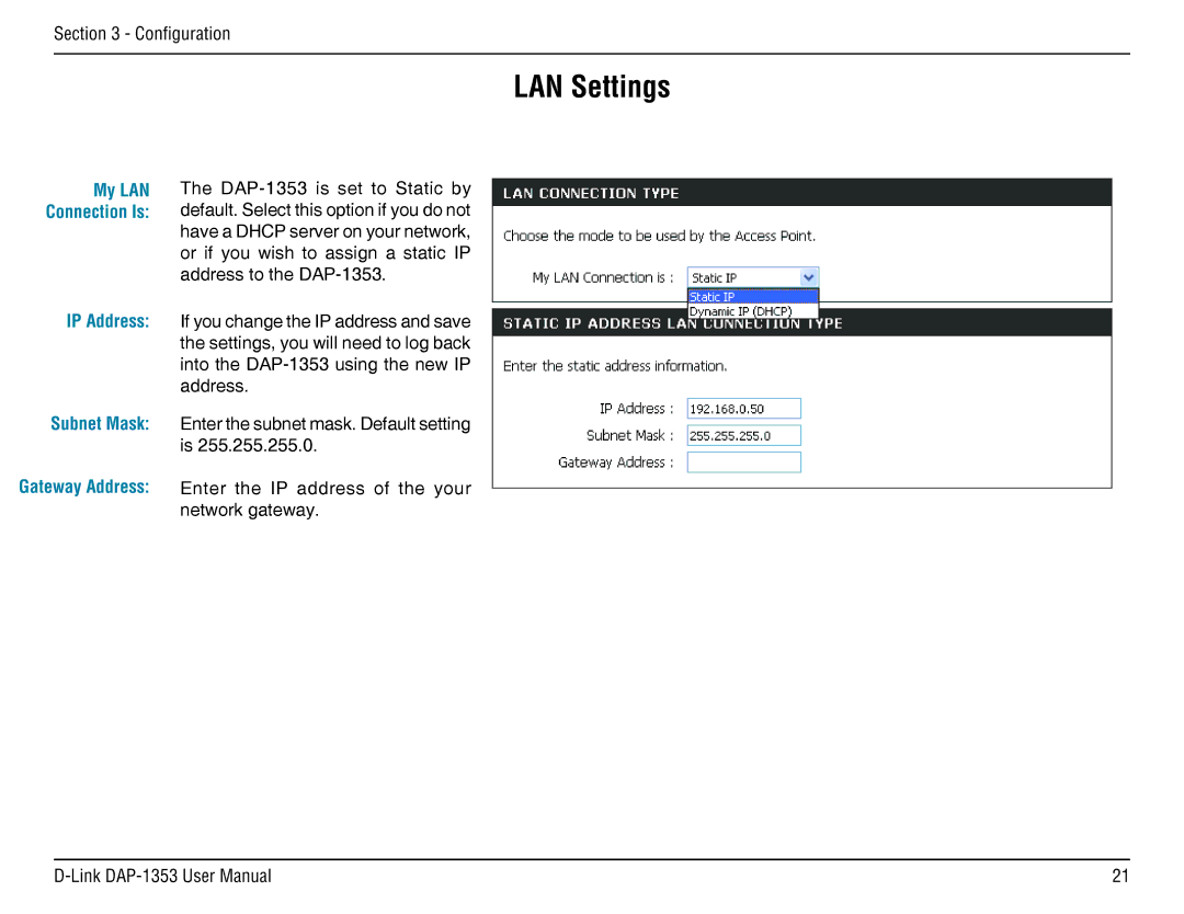 D-Link RangeBooster N 650 Access Point, DAP-1353 manual LAN Settings 