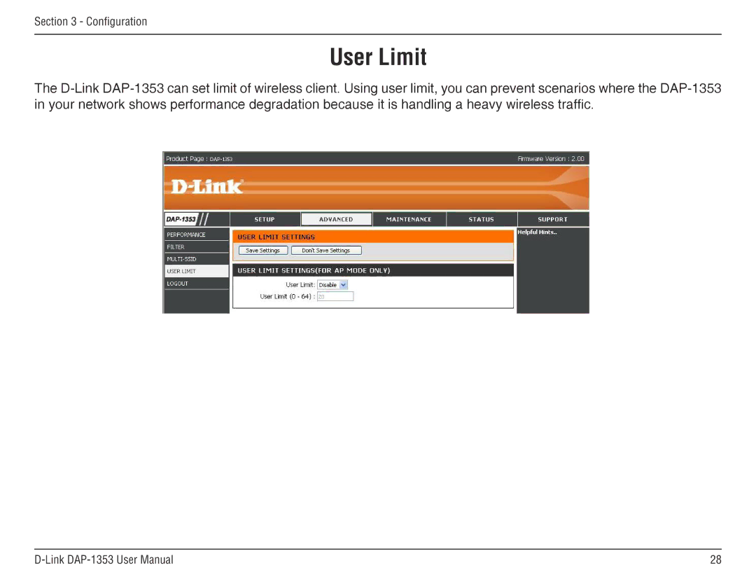 D-Link DAP-1353, RangeBooster N 650 Access Point manual User Limit 