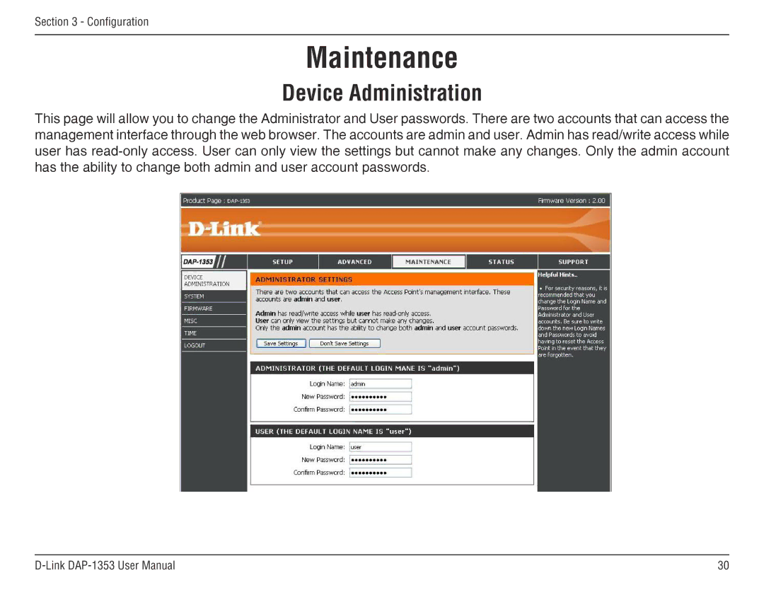 D-Link DAP-1353, RangeBooster N 650 Access Point manual Maintenance, Device Administration 