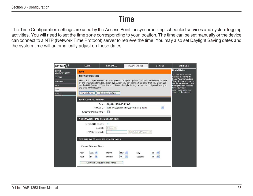 D-Link RangeBooster N 650 Access Point, DAP-1353 manual Time 