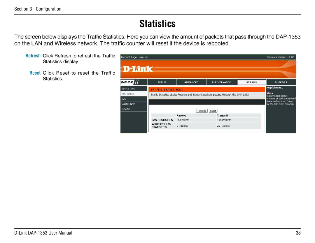 D-Link DAP-1353, RangeBooster N 650 Access Point manual Statistics 