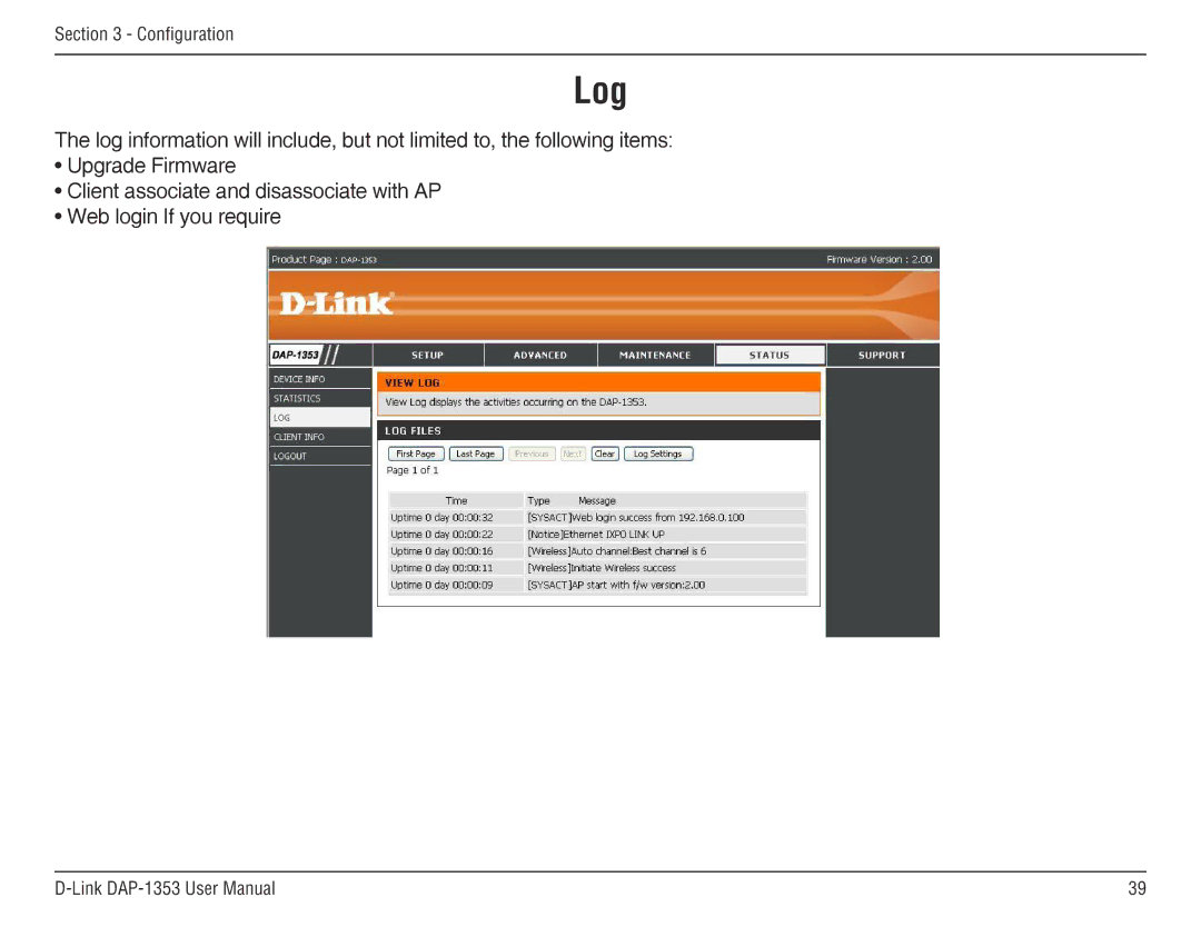 D-Link RangeBooster N 650 Access Point, DAP-1353 manual Log 