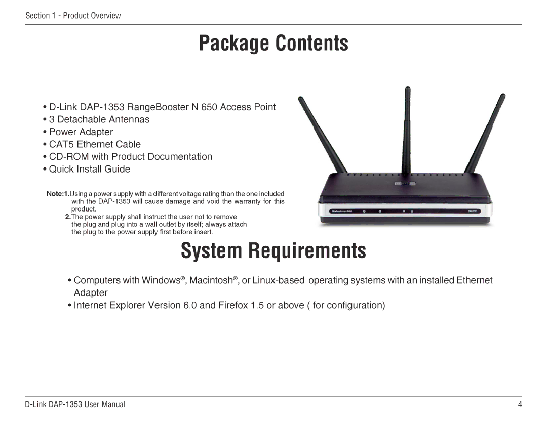 D-Link DAP-1353, RangeBooster N 650 Access Point manual ProductPackageOverviewContents 