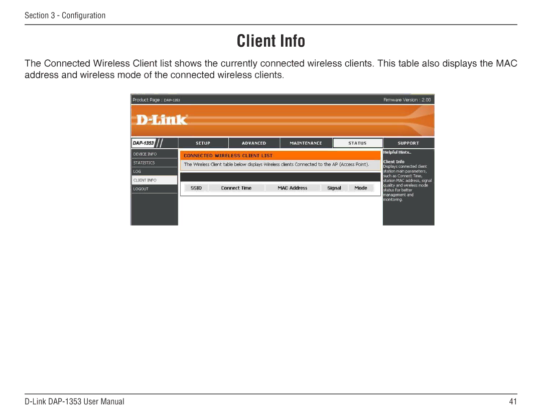D-Link RangeBooster N 650 Access Point, DAP-1353 manual Client Info 