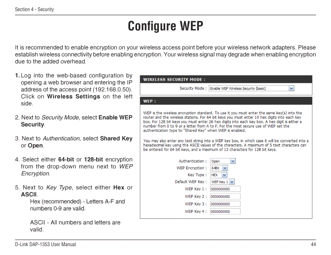 D-Link DAP-1353, RangeBooster N 650 Access Point manual Configure WEP, Ascii 