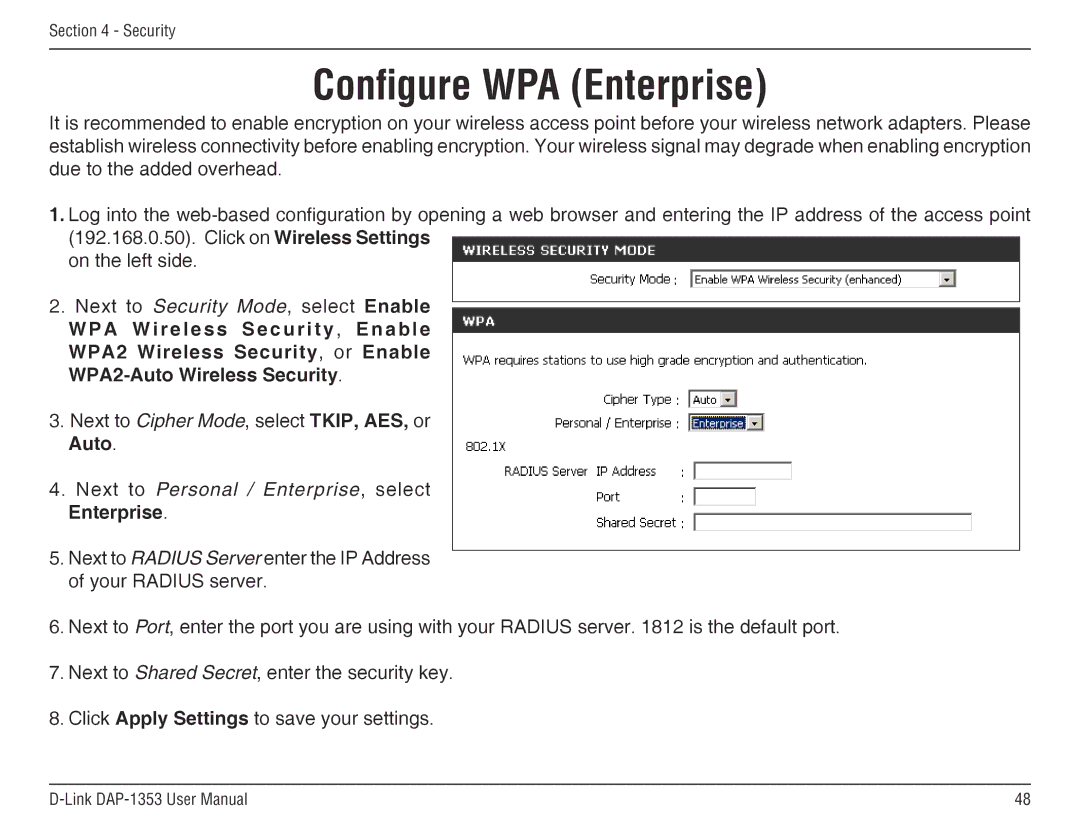 D-Link DAP-1353 manual Configure WPA Enterprise, Next to Personal / Enterprise, select Enterprise 