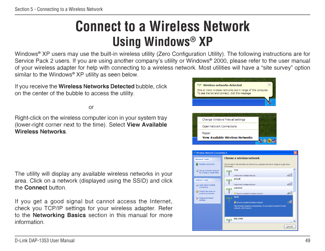 D-Link RangeBooster N 650 Access Point, DAP-1353 manual Connect to a Wireless Network, Using Windows XP 