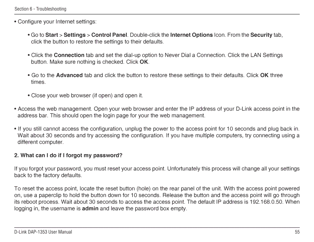 D-Link RangeBooster N 650 Access Point, DAP-1353 manual What can I do if I forgot my password? 