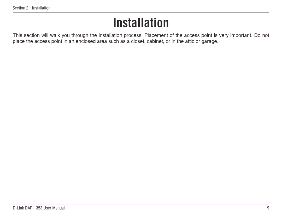 D-Link RangeBooster N 650 Access Point, DAP-1353 manual Installation 