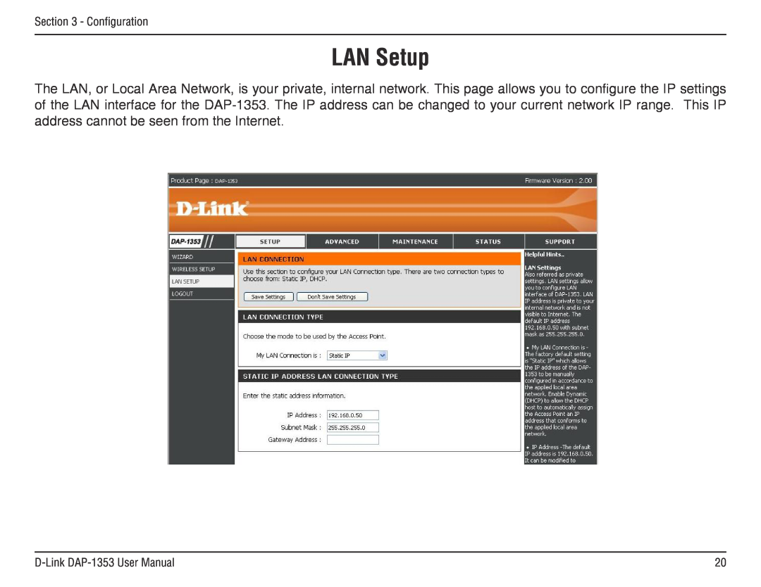 D-Link DAP-1353, RangeBooster N 650 Access Point manual LAN Setup 