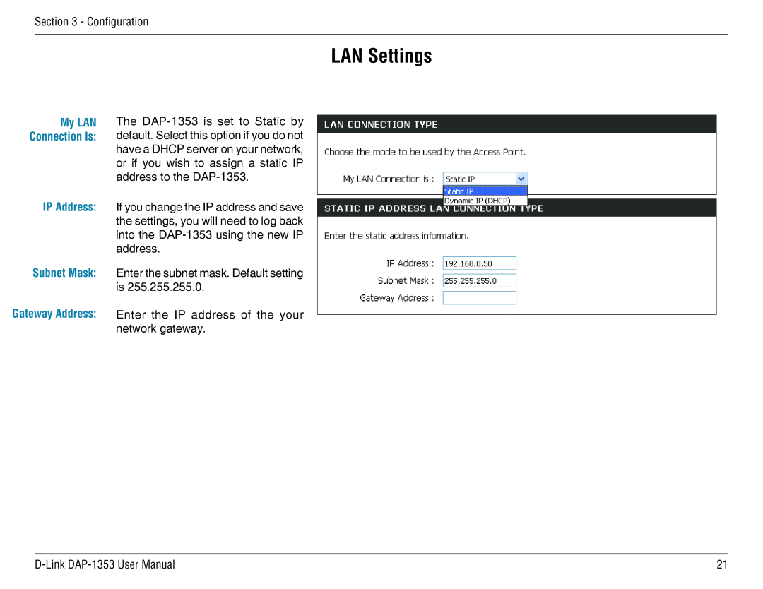 D-Link RangeBooster N 650 Access Point, DAP-1353 manual LAN Settings, IP Address Subnet Mask Gateway Address 