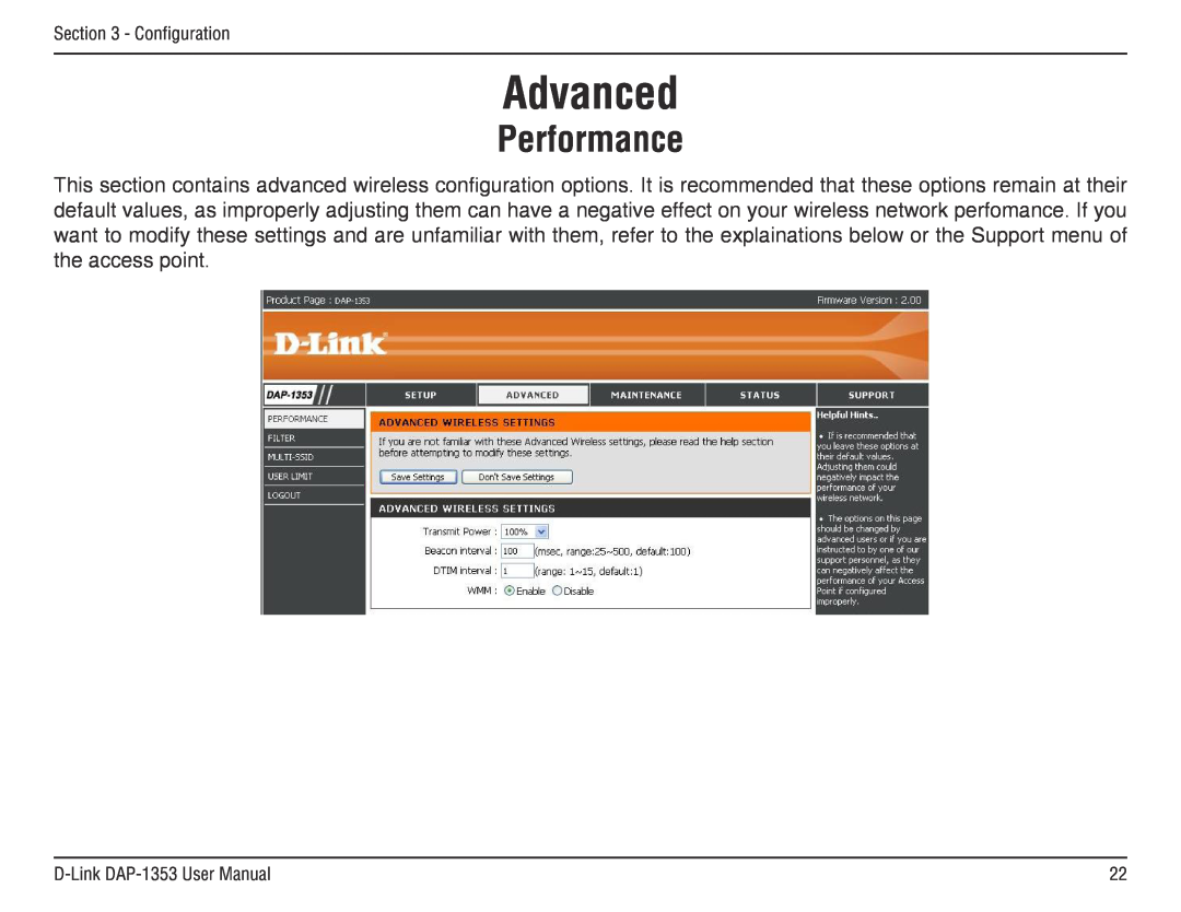 D-Link DAP-1353, RangeBooster N 650 Access Point manual Advanced, Performance 