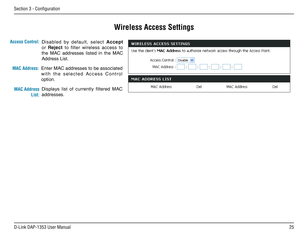 D-Link RangeBooster N 650 Access Point manual Wireless Access Settings, Configuration, D-Link DAP-1353 User Manual 