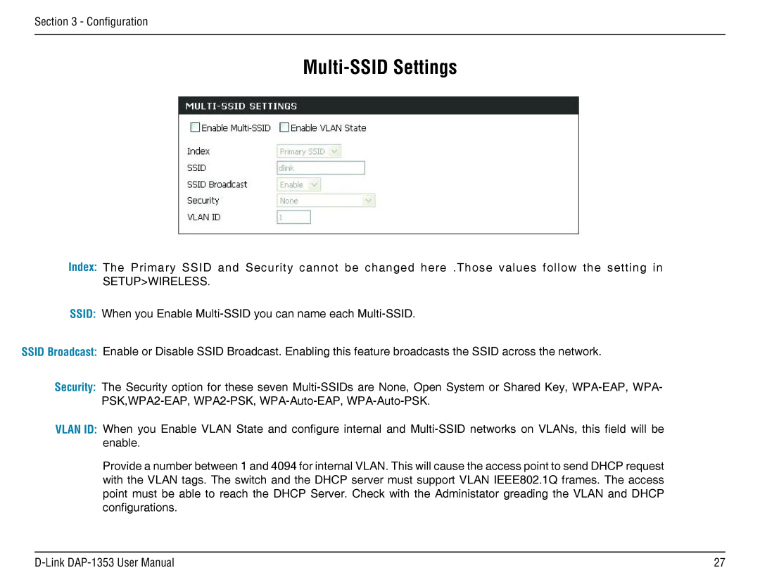 D-Link RangeBooster N 650 Access Point, DAP-1353 manual Multi-SSID Settings 