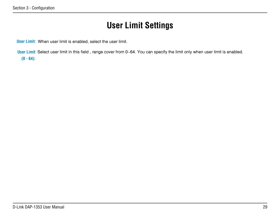 D-Link RangeBooster N 650 Access Point, DAP-1353 manual User Limit Settings, Configuration 
