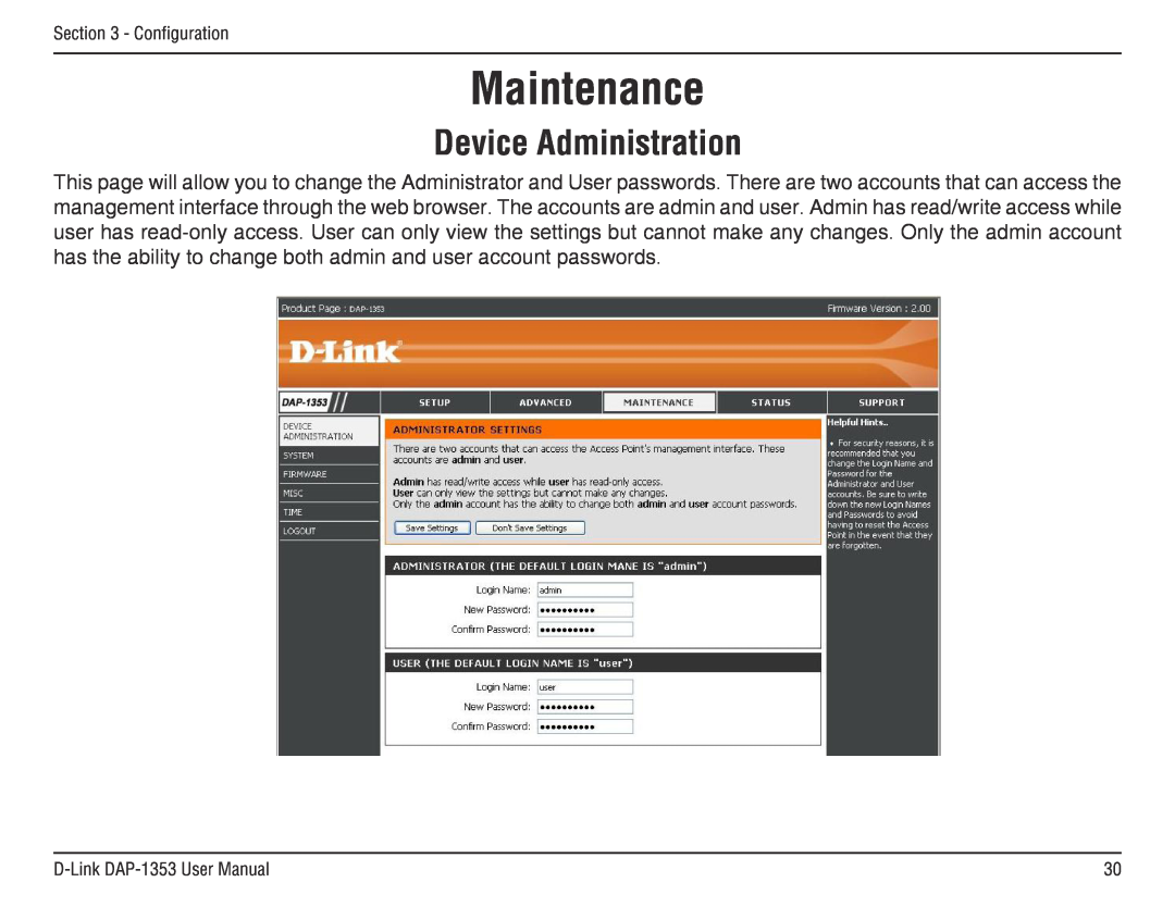 D-Link DAP-1353, RangeBooster N 650 Access Point manual Maintenance, Device Administration 
