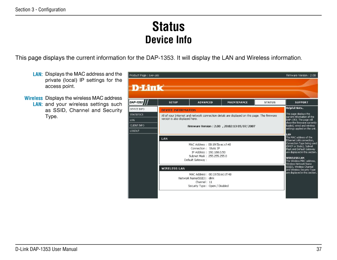 D-Link RangeBooster N 650 Access Point, DAP-1353 manual Status, Device Info 