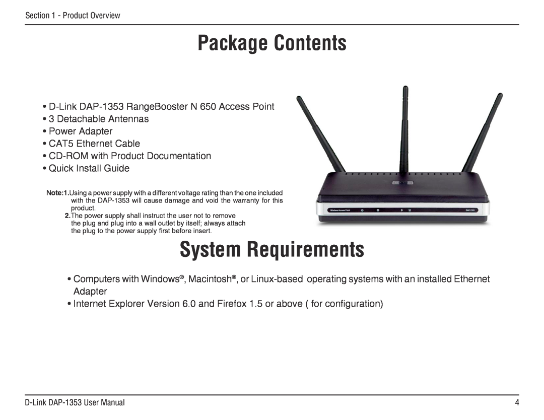 D-Link DAP-1353, RangeBooster N 650 Access Point manual System Requirements, ProductPackageOverviewContents 