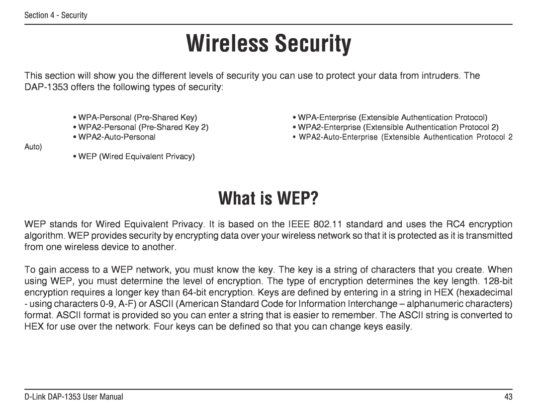 D-Link RangeBooster N 650 Access Point, DAP-1353 manual Wireless Security, What is WEP? 