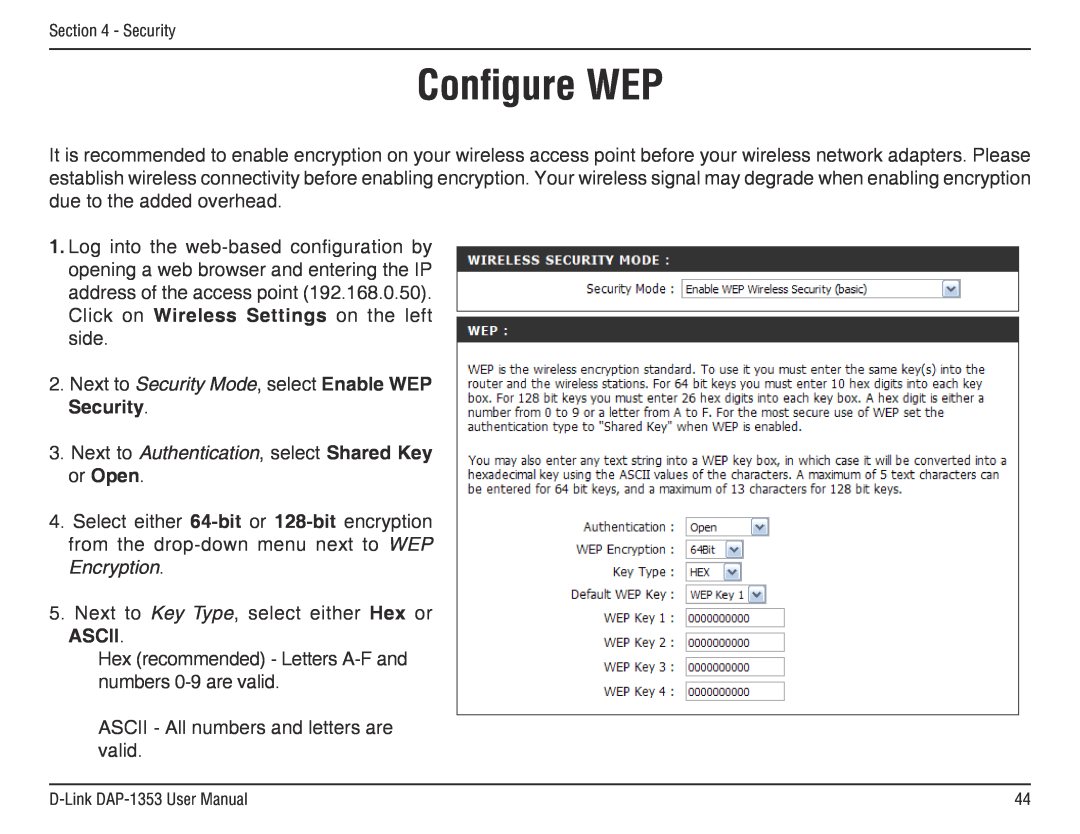 D-Link DAP-1353, RangeBooster N 650 Access Point manual Configure WEP, Ascii 