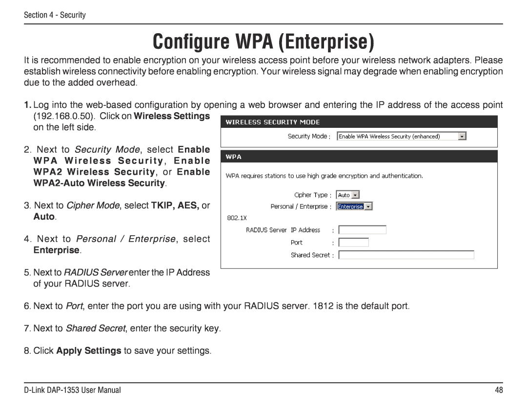 D-Link DAP-1353 Configure WPA Enterprise, Next to Personal / Enterprise, select Enterprise, WPA2-Auto Wireless Security 
