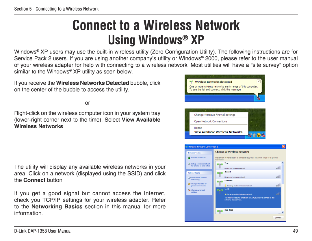 D-Link RangeBooster N 650 Access Point, DAP-1353 manual Connect to a Wireless Network, Using Windows XP 